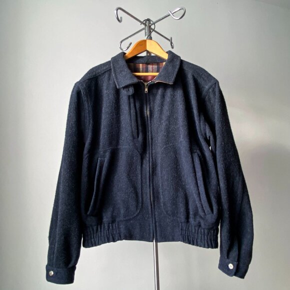 🍂 90s Vintage Dark Blue Wool Zip-Up Bomber Jacket by Woolrich - Picture 1 of 8